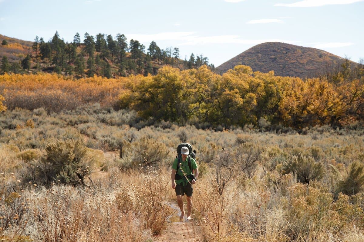 A man walking barefoot through a creek crossing on a backcountry trail, golden fall trees rising behind him